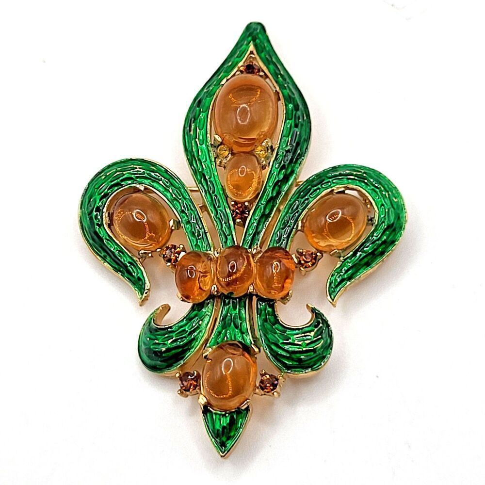 Vintage Crown Trifari L’Orient Green Enamel Amber Cabochon Fleur de Lis Pin 3in